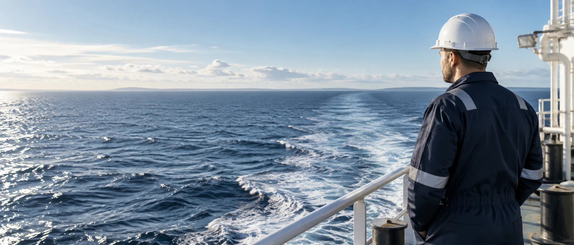 Illustration of a seafarer looking out over the sea from a vessel's deck