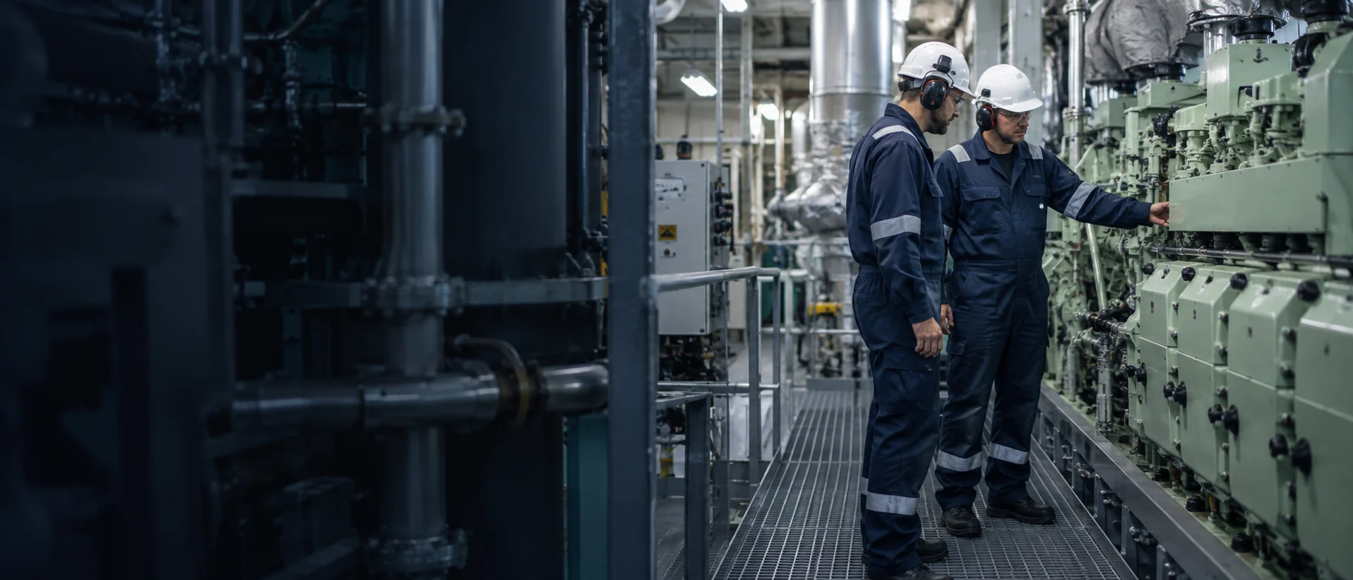 Illustration of marine engineers inspecting equipment in a ship's engine room